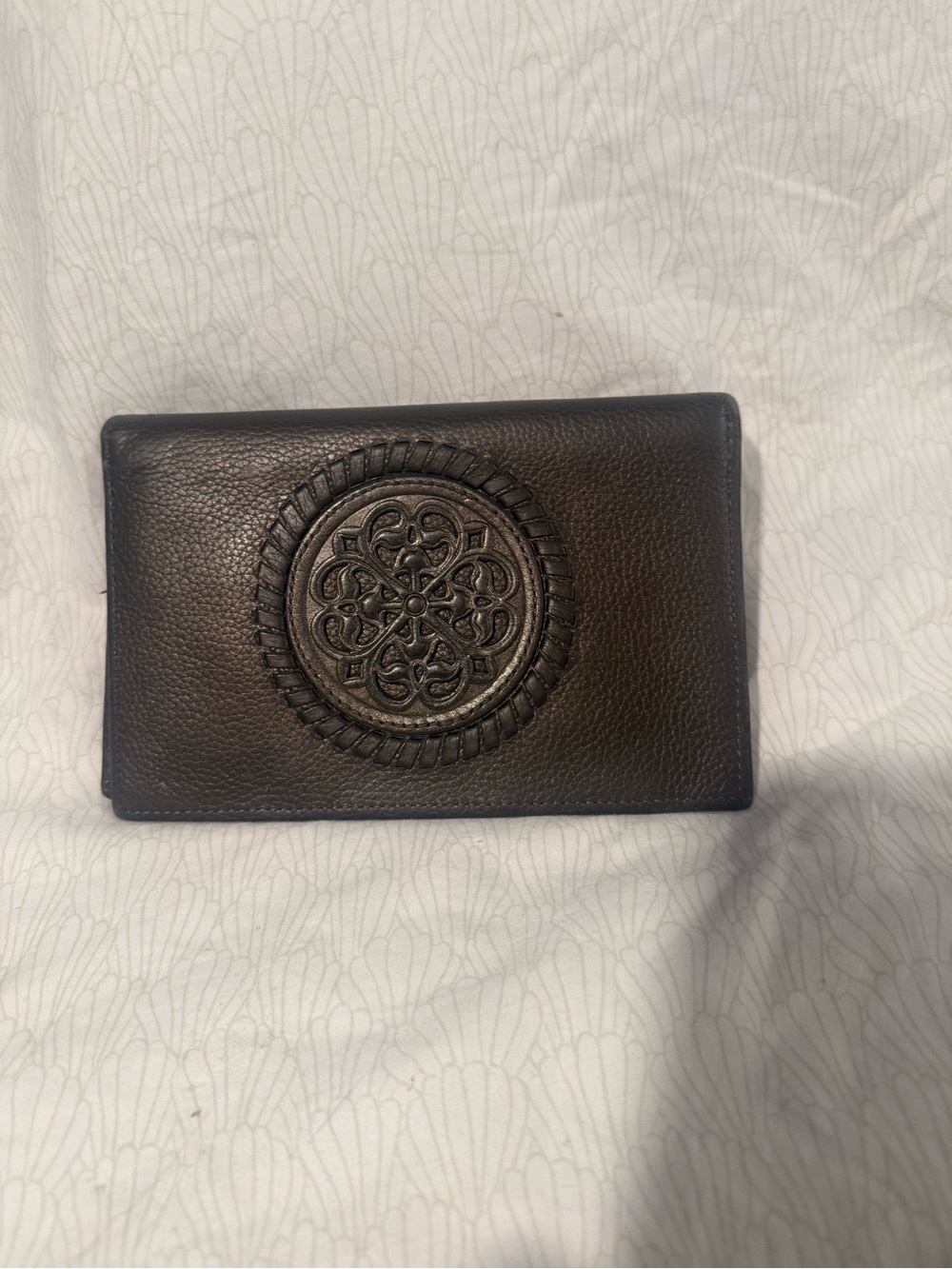 Pewter Brighton Leather Bifold Wallet with Embossed Medallion & silver accents